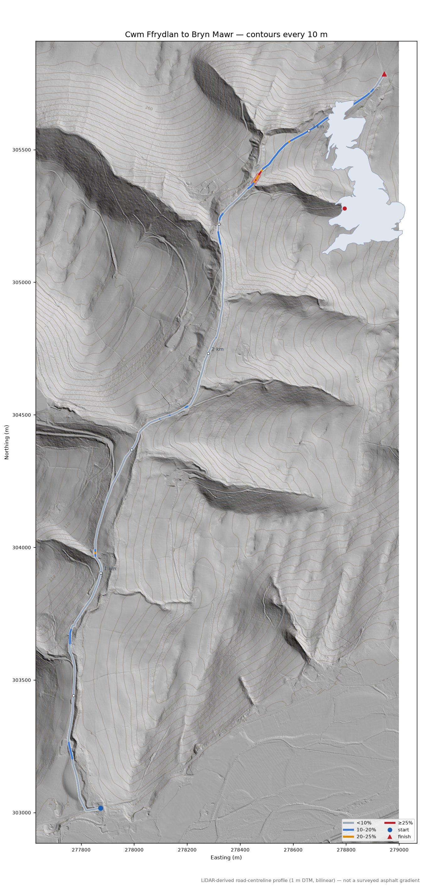Cwm Ffrydlan to Bryn Mawr LiDAR hillshade map with contours