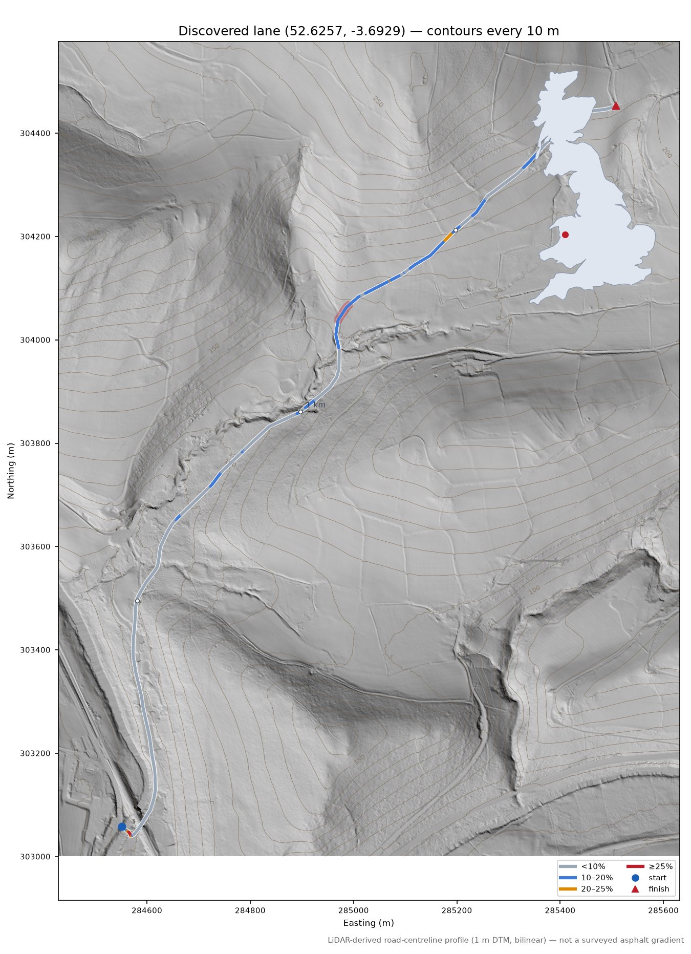 Discovered lane (52.6257, -3.6929) LiDAR hillshade map with contours
