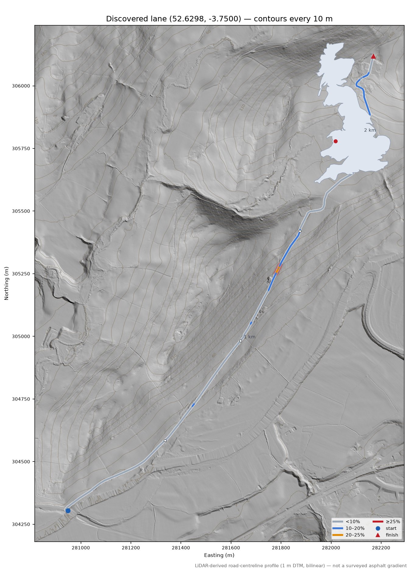 Discovered lane (52.6298, -3.7500) LiDAR hillshade map with contours