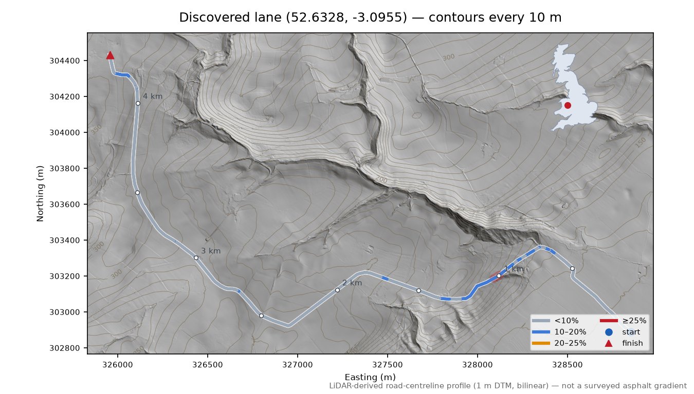 Discovered lane (52.6328, -3.0955) LiDAR hillshade map with contours