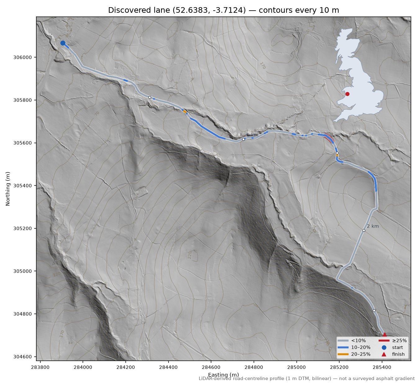 Discovered lane (52.6383, -3.7124) LiDAR hillshade map with contours