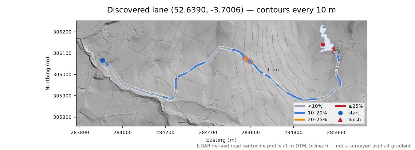 Discovered lane (52.6390, -3.7006) LiDAR hillshade map with contours