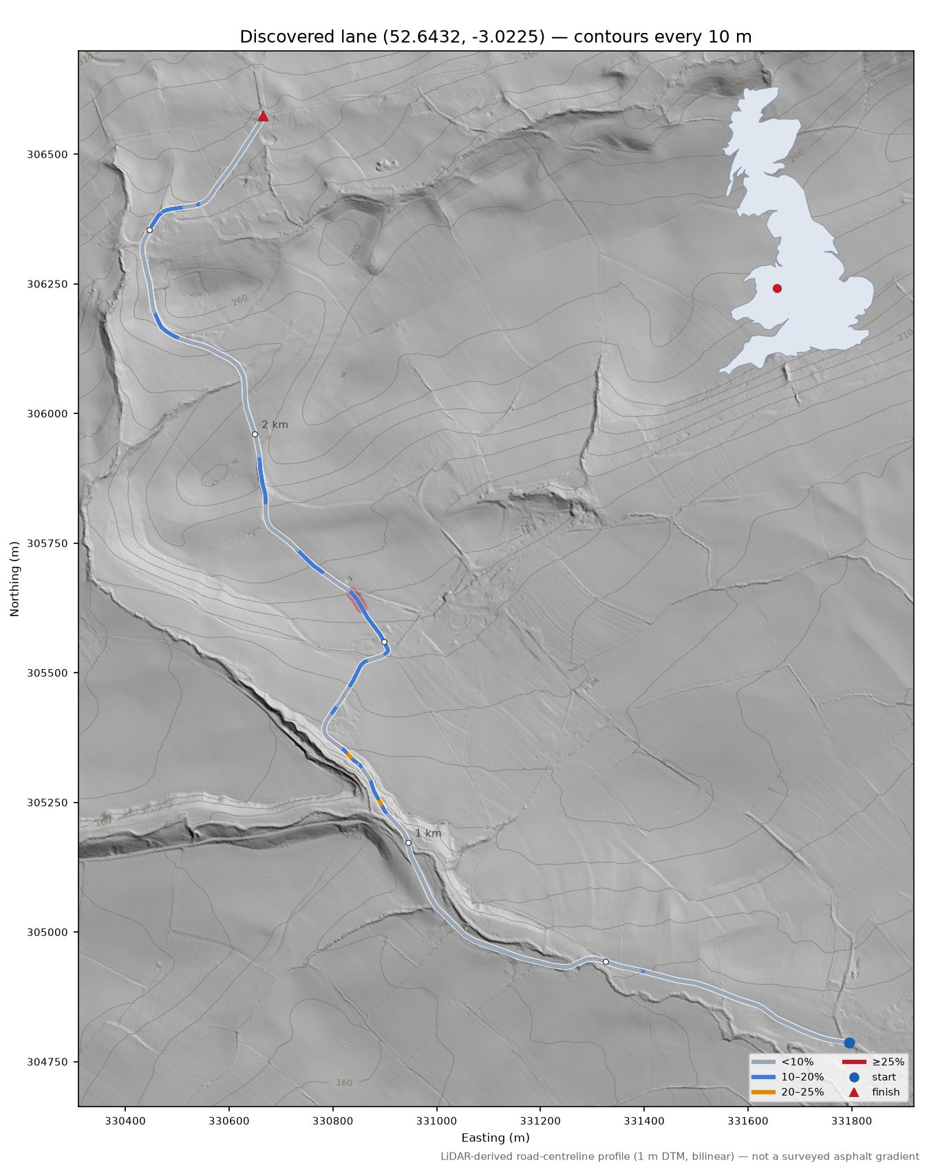Discovered lane (52.6432, -3.0225) LiDAR hillshade map with contours