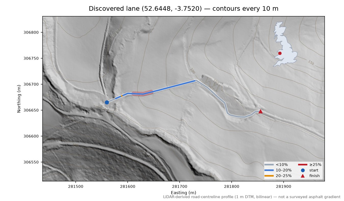 Discovered lane (52.6448, -3.7520) LiDAR hillshade map with contours