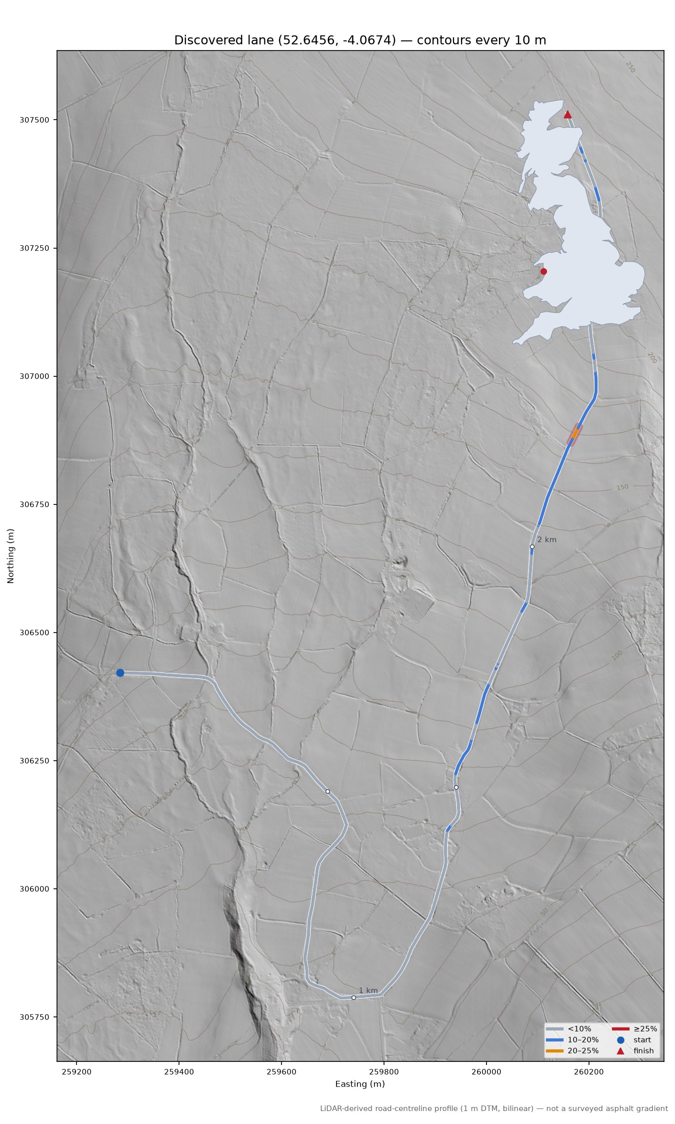 Discovered lane (52.6456, -4.0674) LiDAR hillshade map with contours