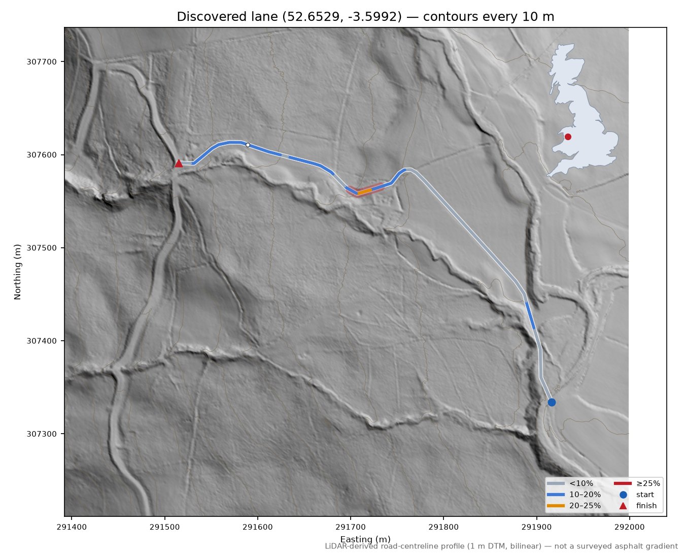 Discovered lane (52.6529, -3.5992) LiDAR hillshade map with contours