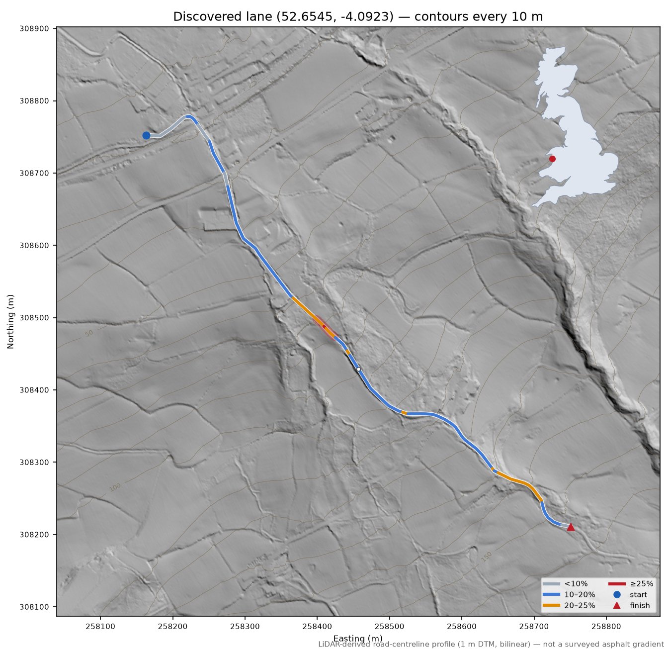 Discovered lane (52.6545, -4.0923) LiDAR hillshade map with contours
