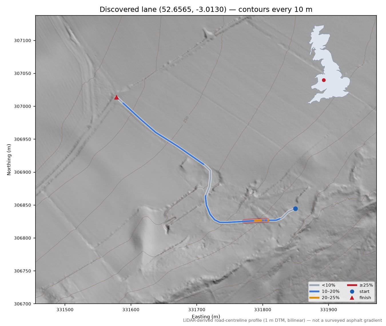 Discovered lane (52.6565, -3.0130) LiDAR hillshade map with contours