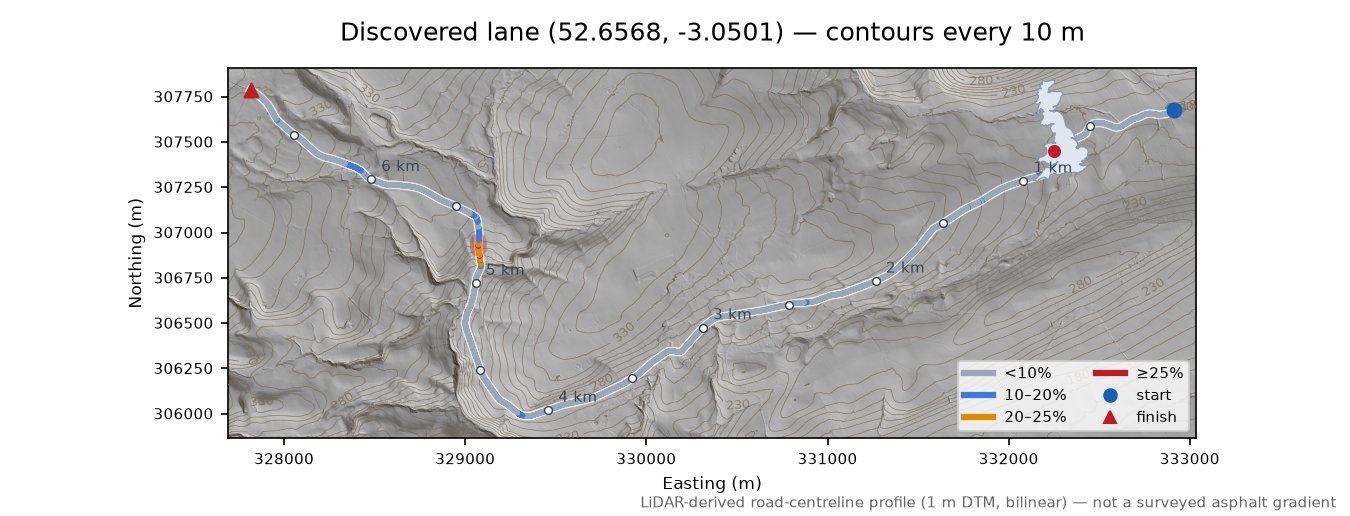 Discovered lane (52.6568, -3.0501) LiDAR hillshade map with contours