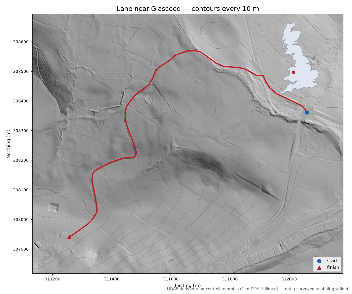 Lane near Glascoed LiDAR hillshade map with contours