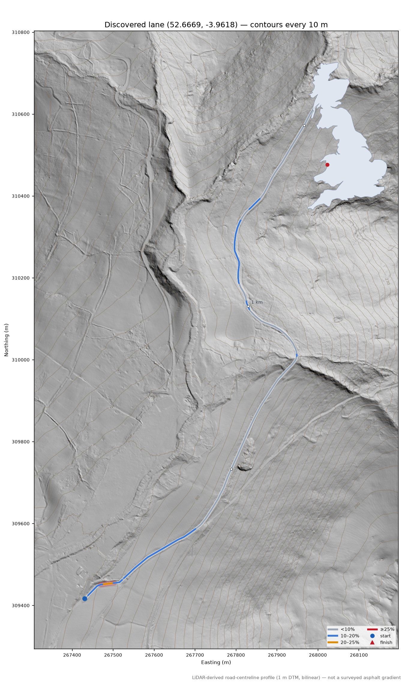 Discovered lane (52.6669, -3.9618) LiDAR hillshade map with contours