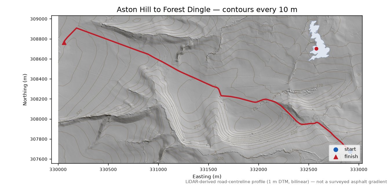 Aston Hill to Forest Dingle LiDAR hillshade map with contours