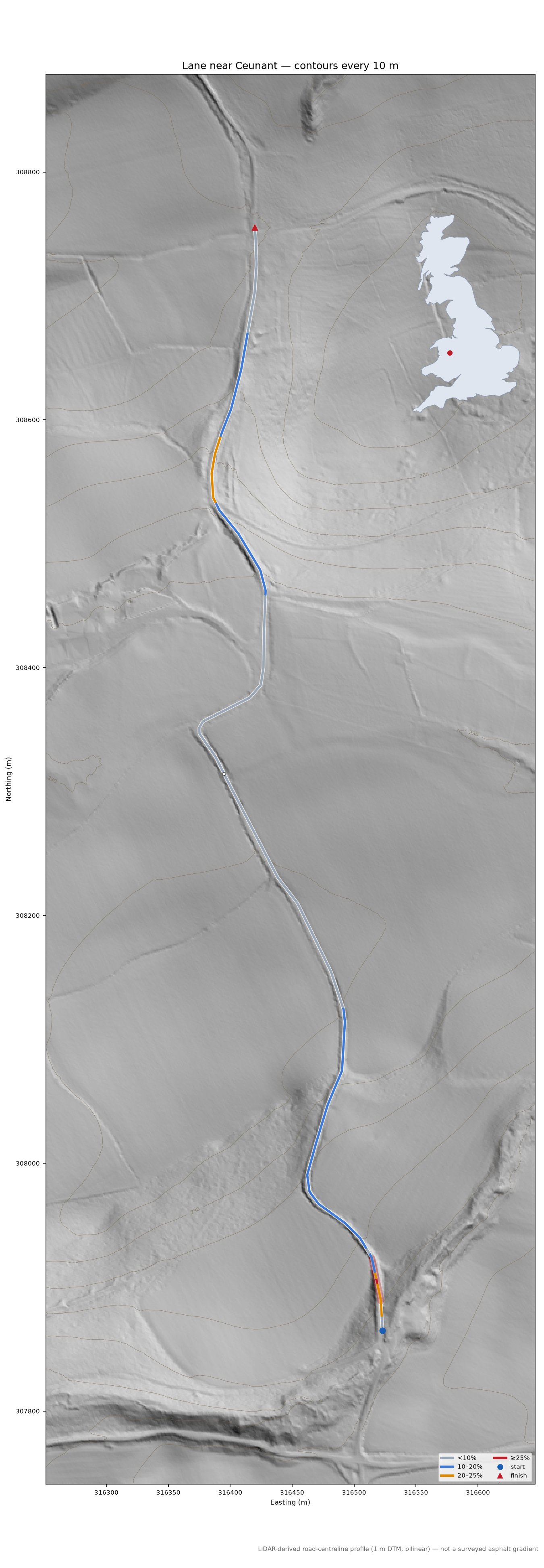 Lane near Ceunant LiDAR hillshade map with contours