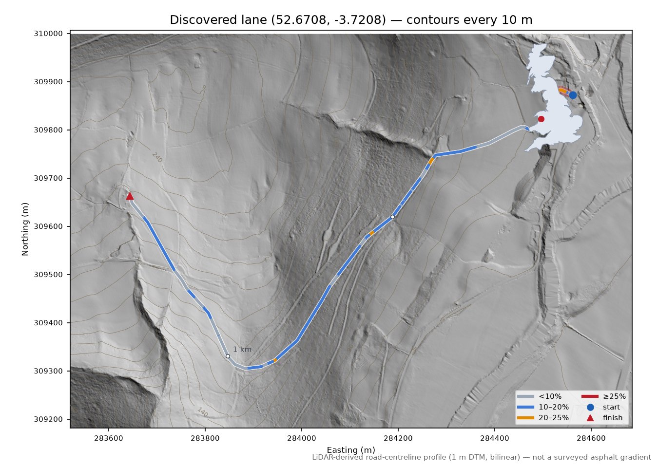 Discovered lane (52.6708, -3.7208) LiDAR hillshade map with contours