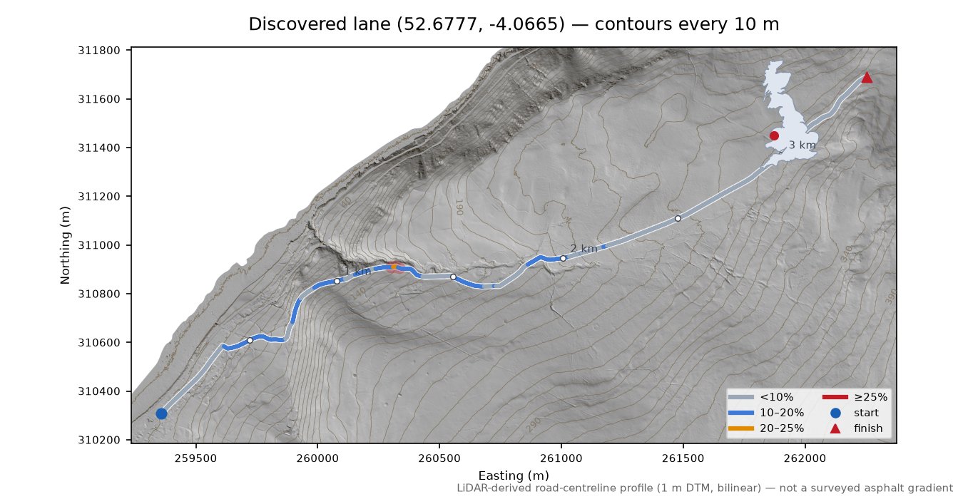 Discovered lane (52.6777, -4.0665) LiDAR hillshade map with contours