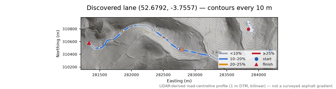 Discovered lane (52.6792, -3.7557) LiDAR hillshade map with contours
