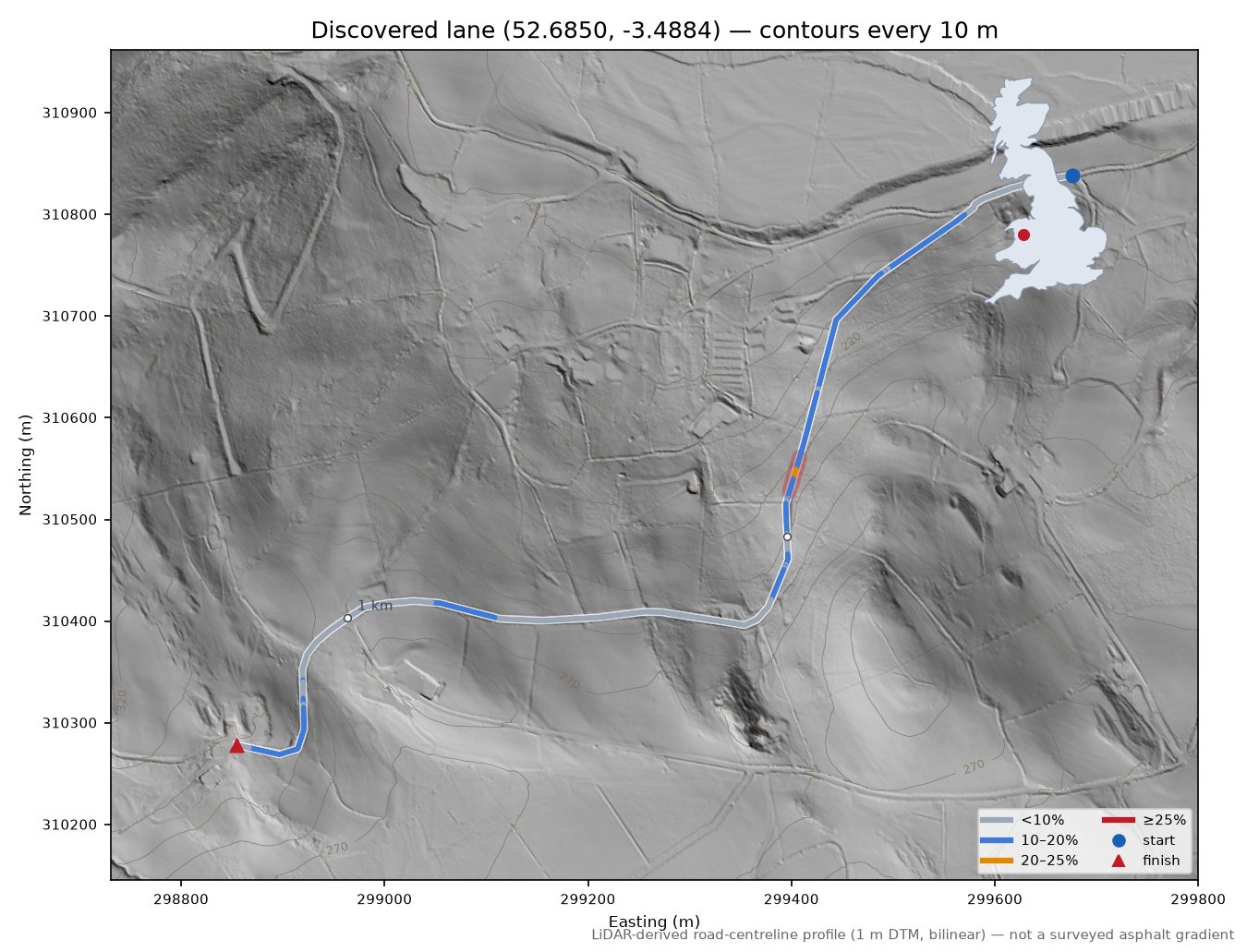 Discovered lane (52.6850, -3.4884) LiDAR hillshade map with contours