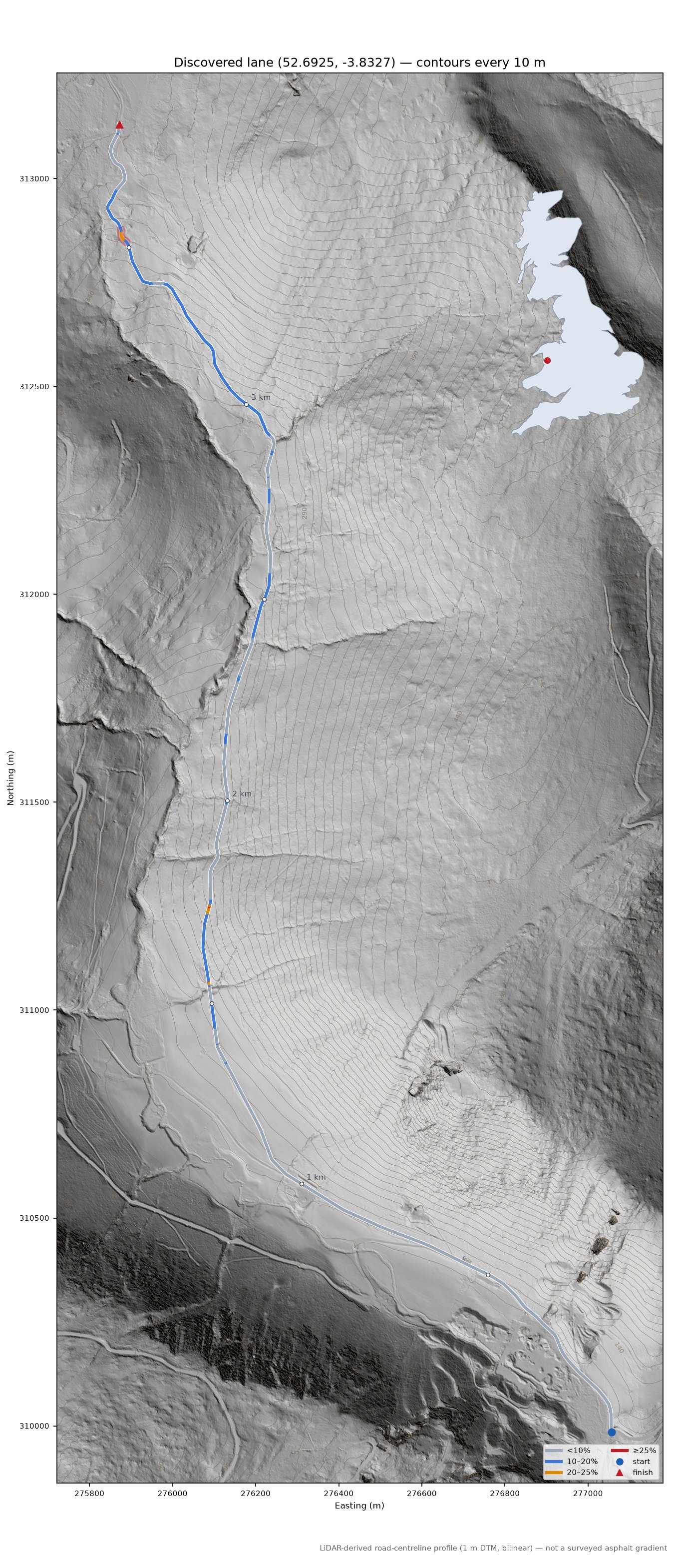 Discovered lane (52.6925, -3.8327) LiDAR hillshade map with contours