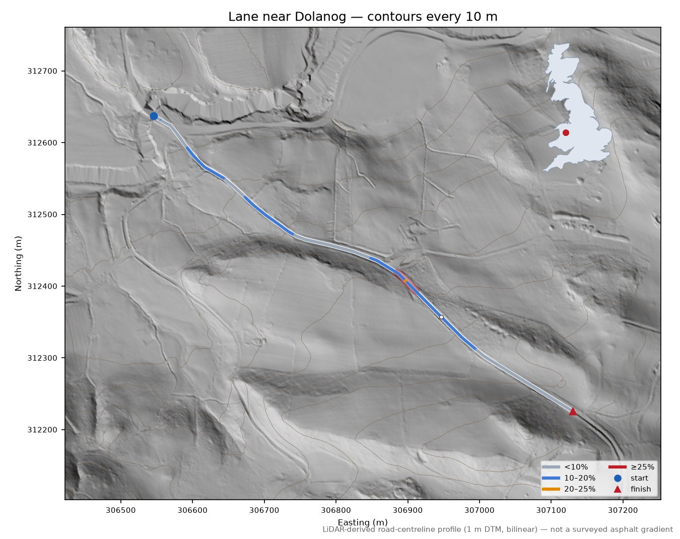 Lane near Dolanog LiDAR hillshade map with contours