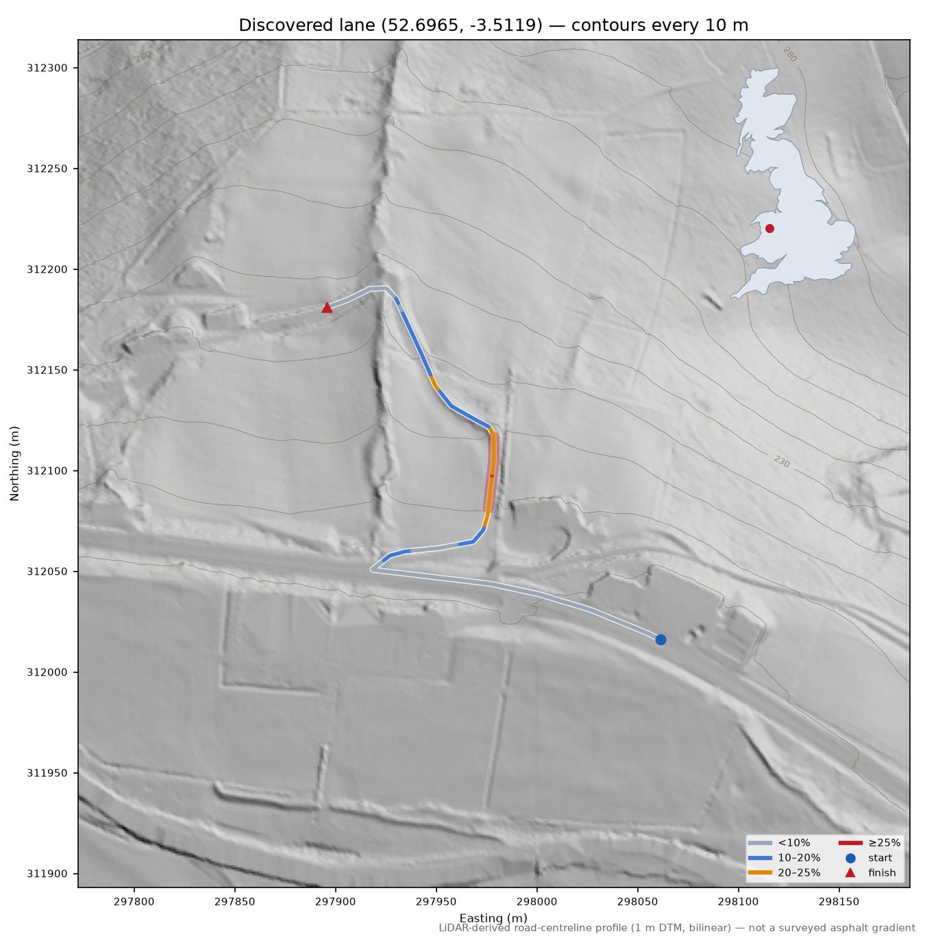 Discovered lane (52.6965, -3.5119) LiDAR hillshade map with contours