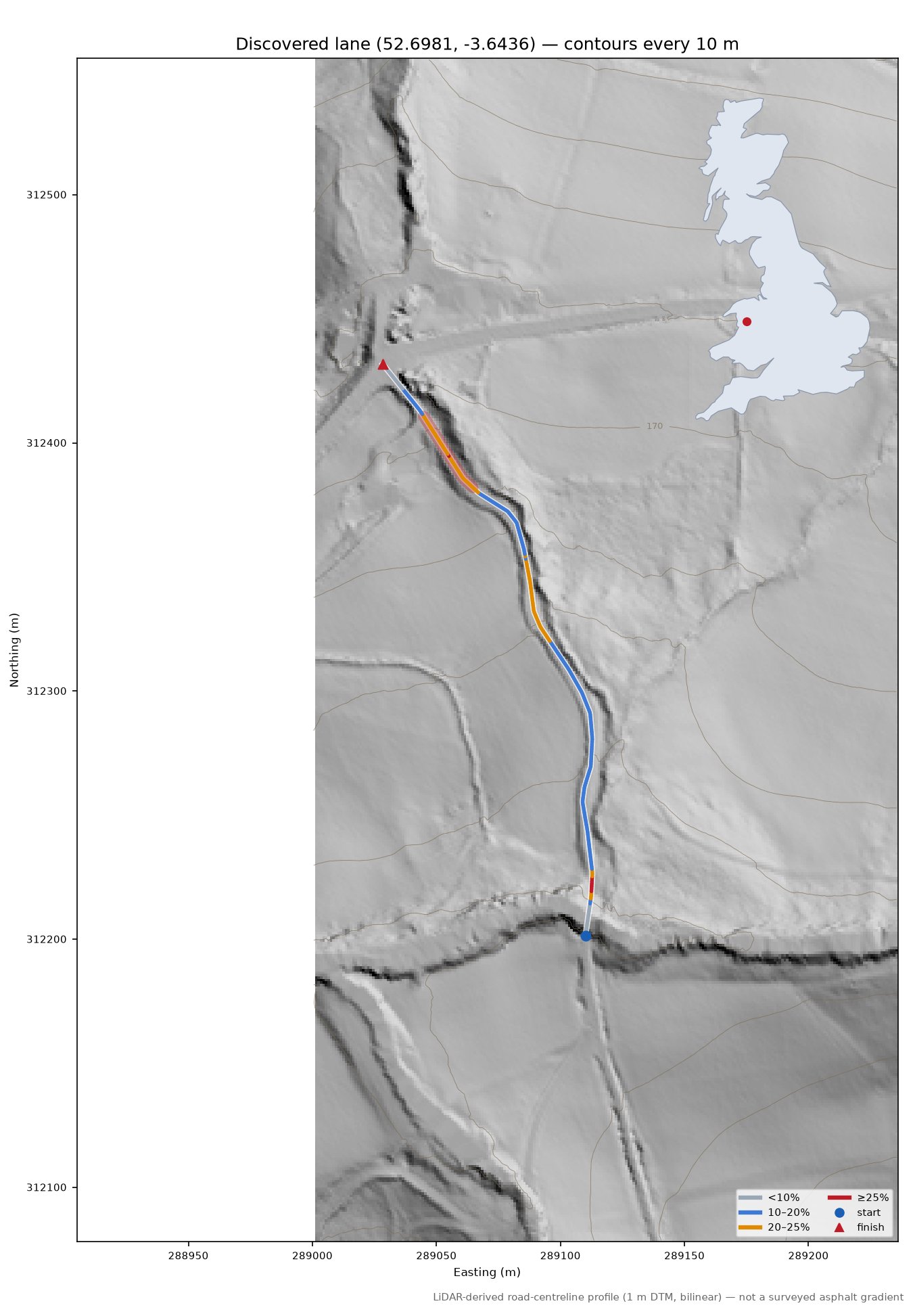 Discovered lane (52.6981, -3.6436) LiDAR hillshade map with contours