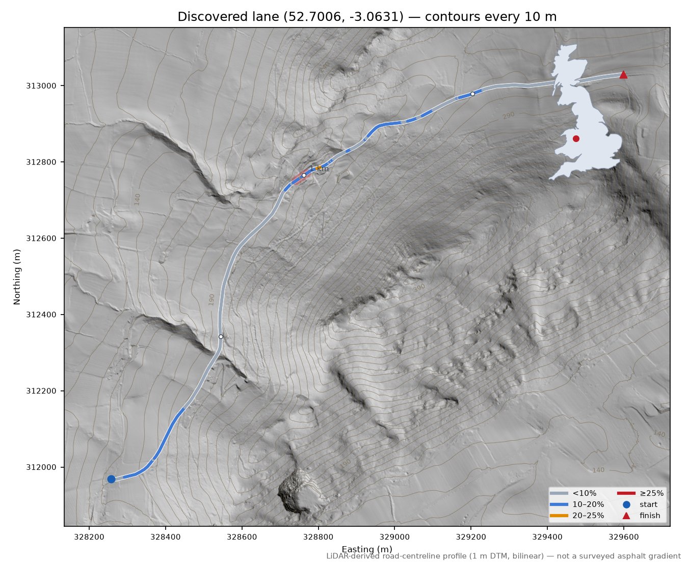 Discovered lane (52.7006, -3.0631) LiDAR hillshade map with contours