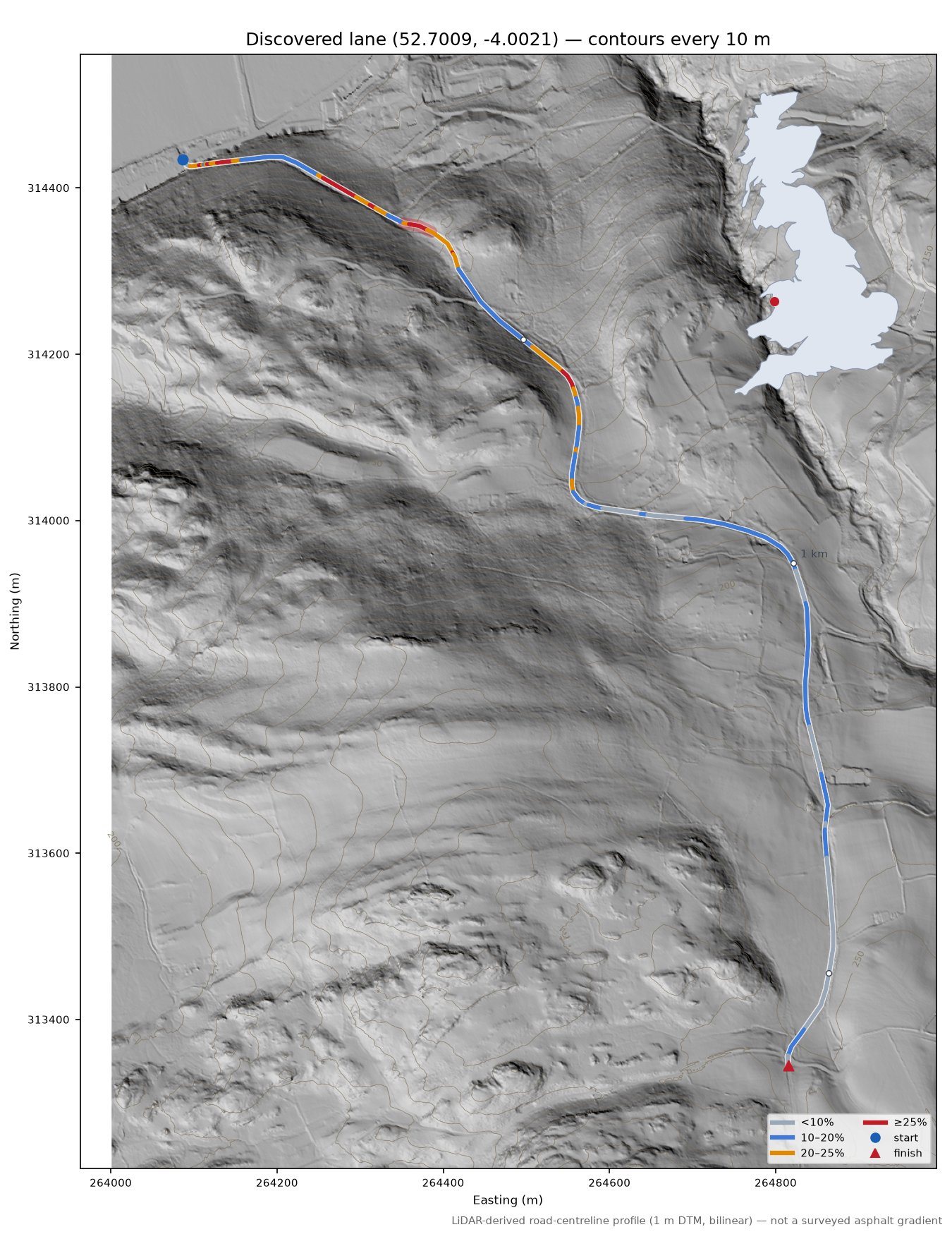 Discovered lane (52.7009, -4.0021) LiDAR hillshade map with contours