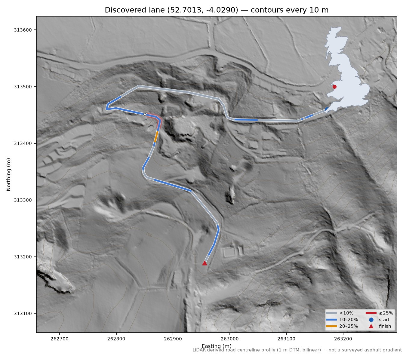 Discovered lane (52.7013, -4.0290) LiDAR hillshade map with contours