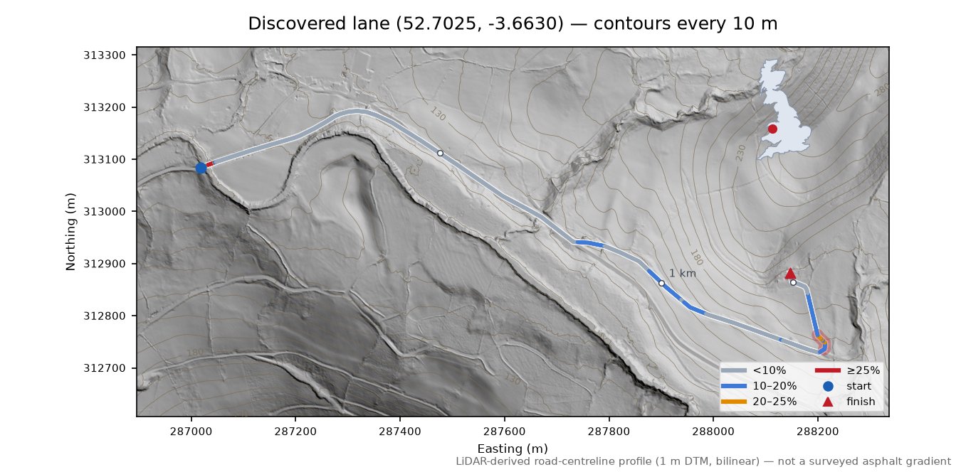 Discovered lane (52.7025, -3.6630) LiDAR hillshade map with contours