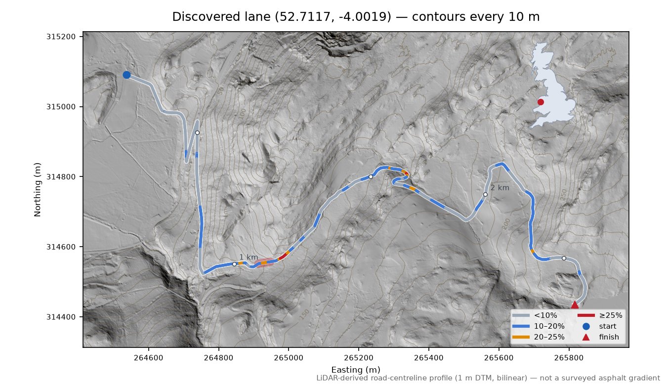 Discovered lane (52.7117, -4.0019) LiDAR hillshade map with contours