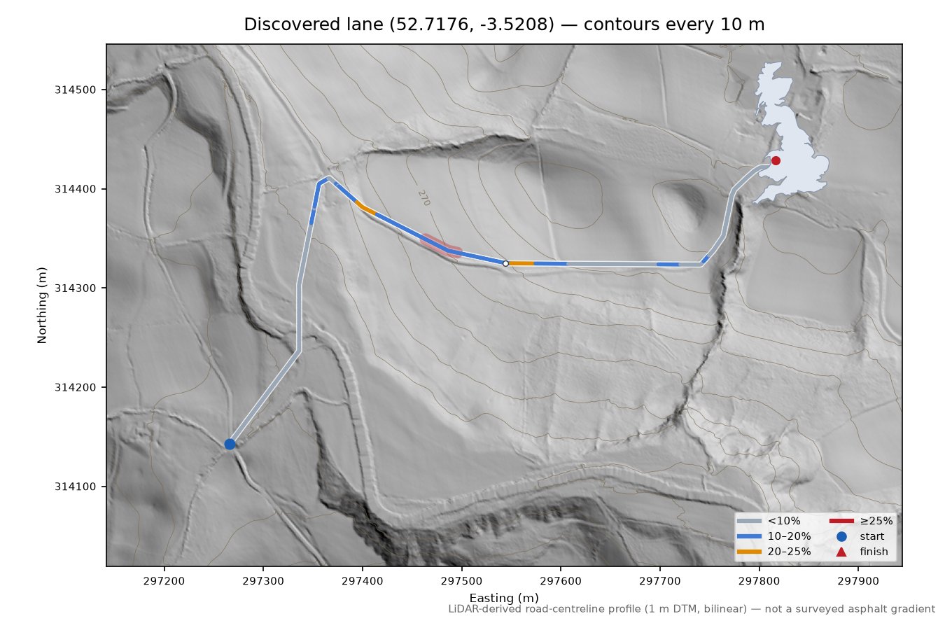 Discovered lane (52.7176, -3.5208) LiDAR hillshade map with contours