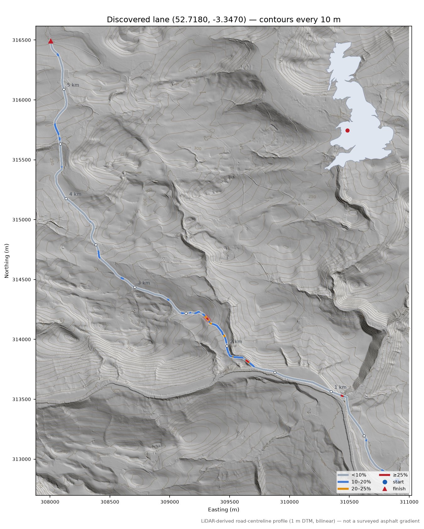 Discovered lane (52.7180, -3.3470) LiDAR hillshade map with contours