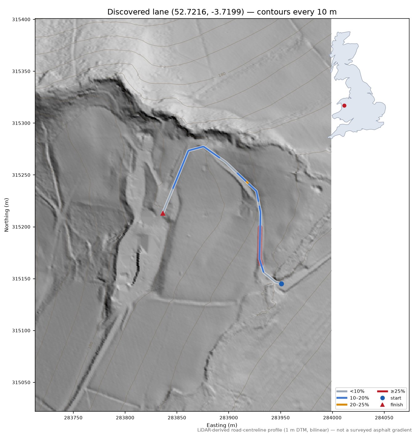 Discovered lane (52.7216, -3.7199) LiDAR hillshade map with contours