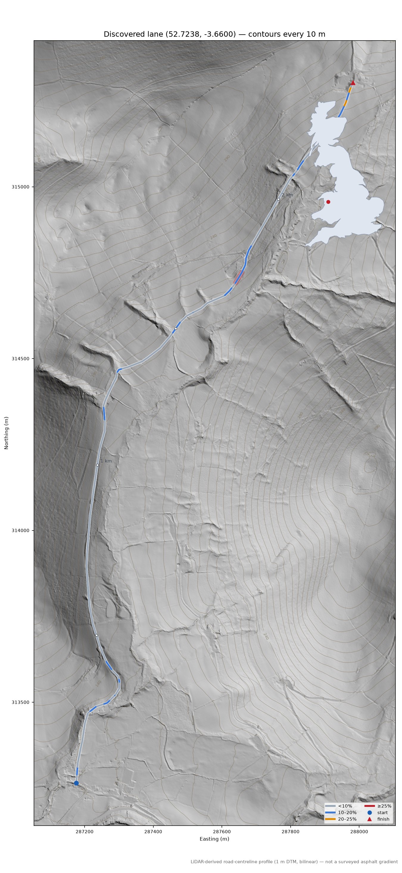 Discovered lane (52.7238, -3.6600) LiDAR hillshade map with contours