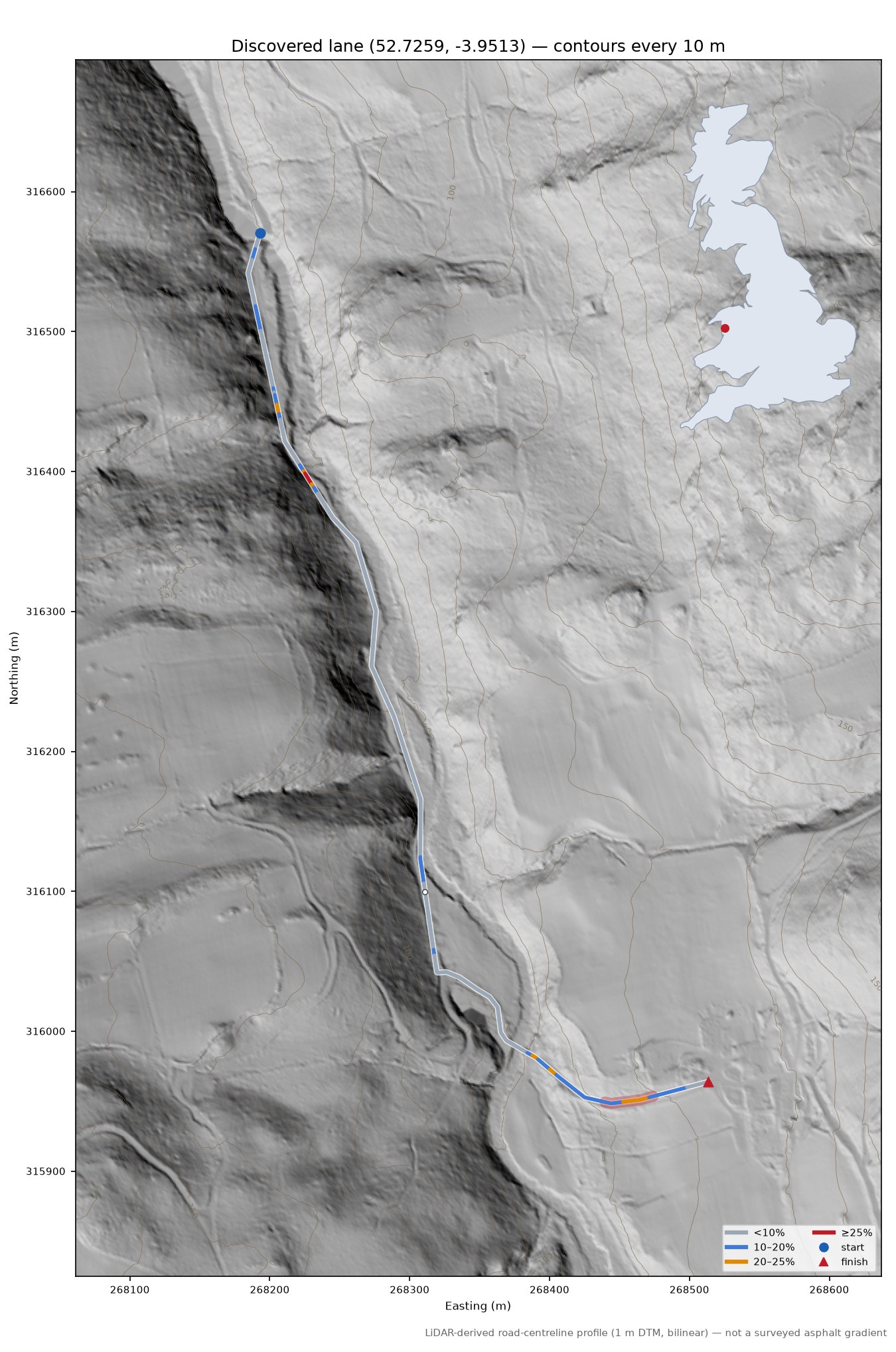 Discovered lane (52.7259, -3.9513) LiDAR hillshade map with contours