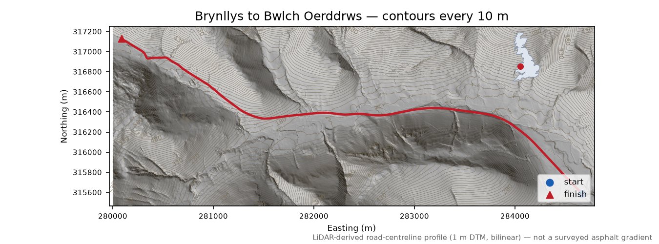 Brynllys to Bwlch Oerddrws LiDAR hillshade map with contours
