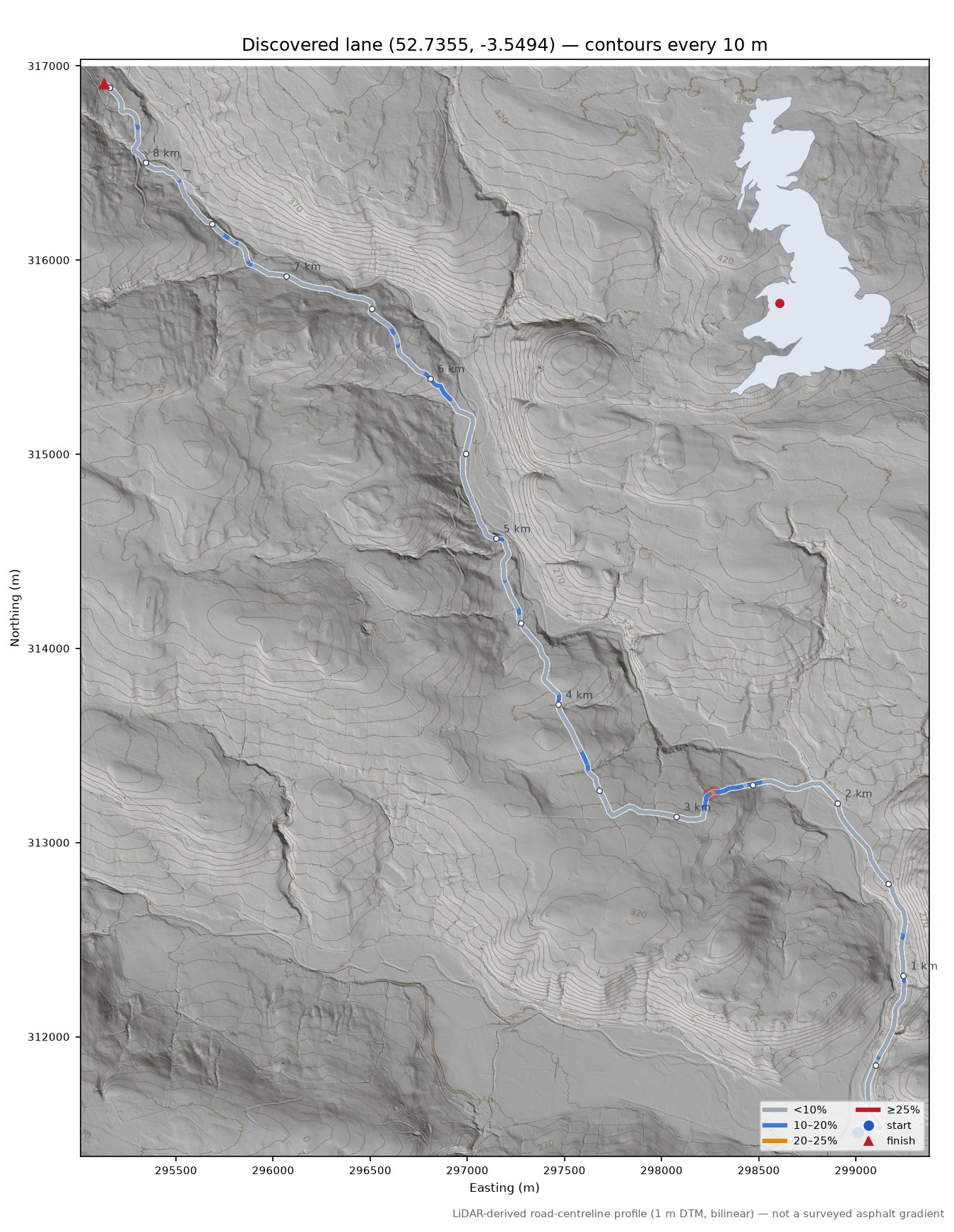 Discovered lane (52.7355, -3.5494) LiDAR hillshade map with contours