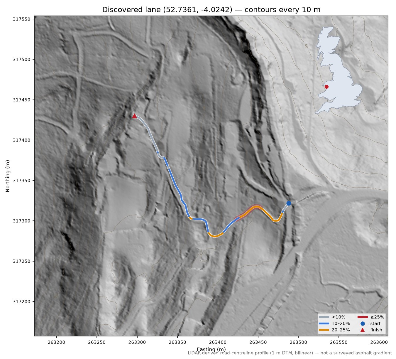 Discovered lane (52.7361, -4.0242) LiDAR hillshade map with contours