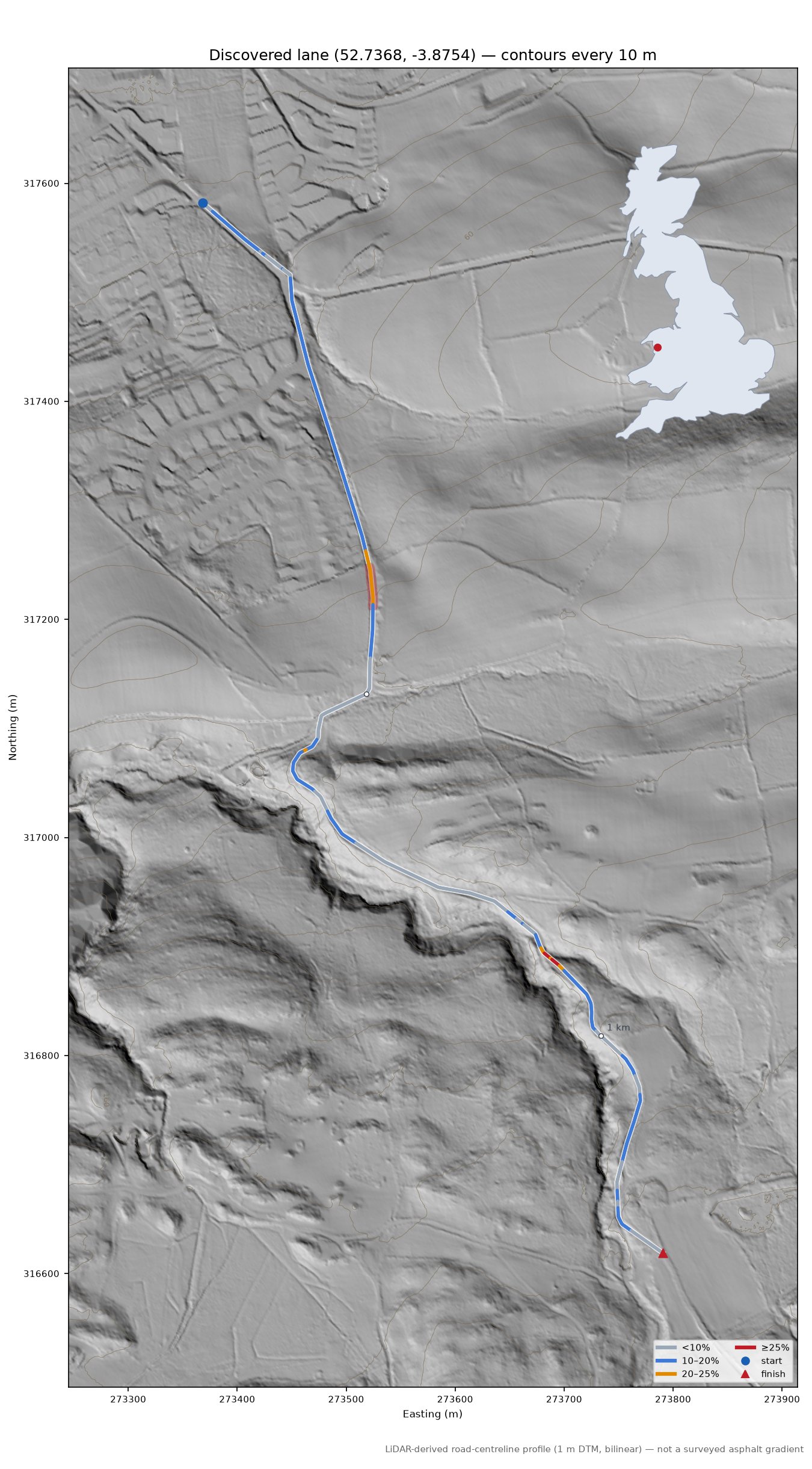 Discovered lane (52.7368, -3.8754) LiDAR hillshade map with contours