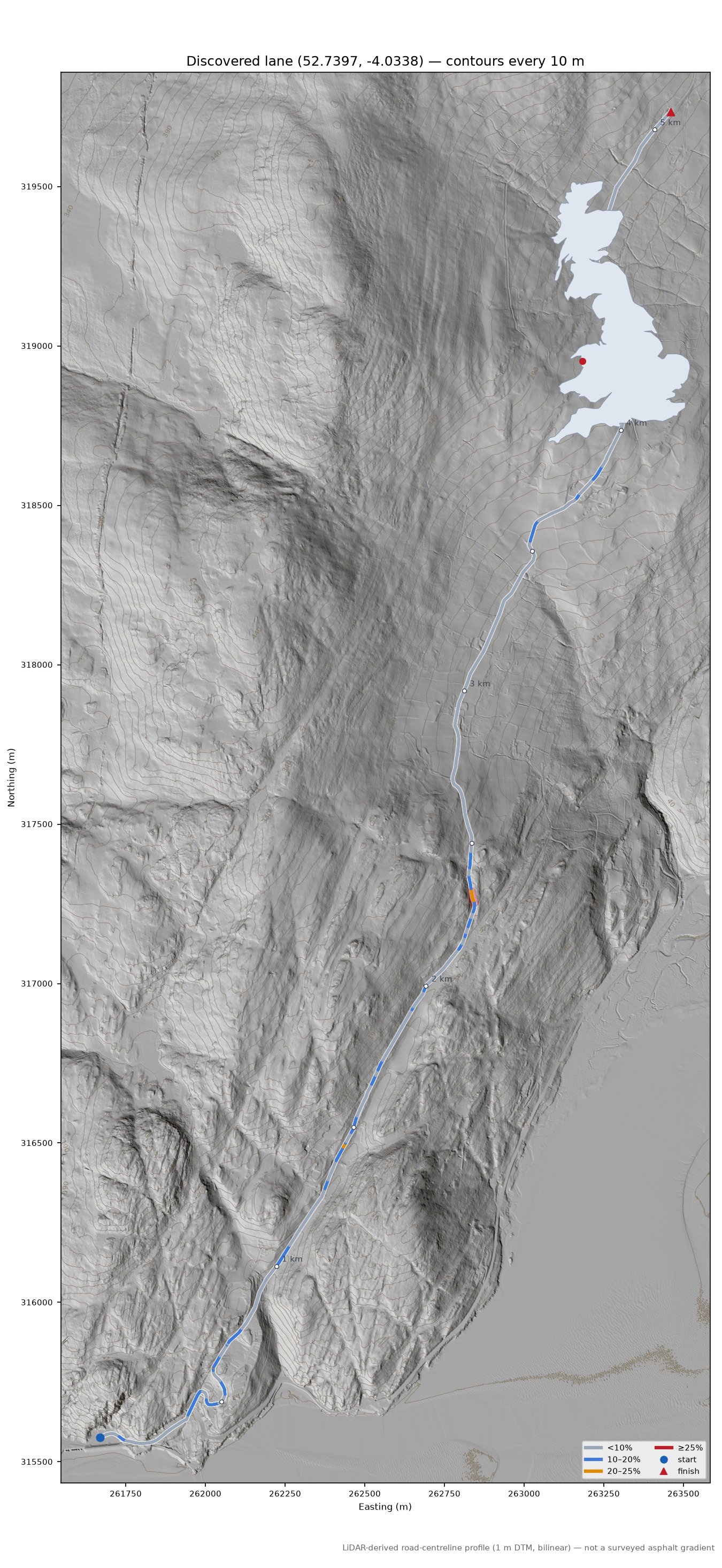 Discovered lane (52.7397, -4.0338) LiDAR hillshade map with contours