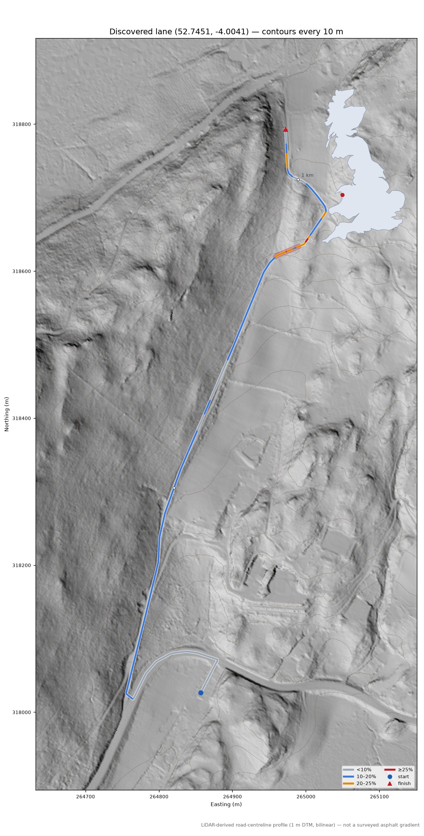 Discovered lane (52.7451, -4.0041) LiDAR hillshade map with contours
