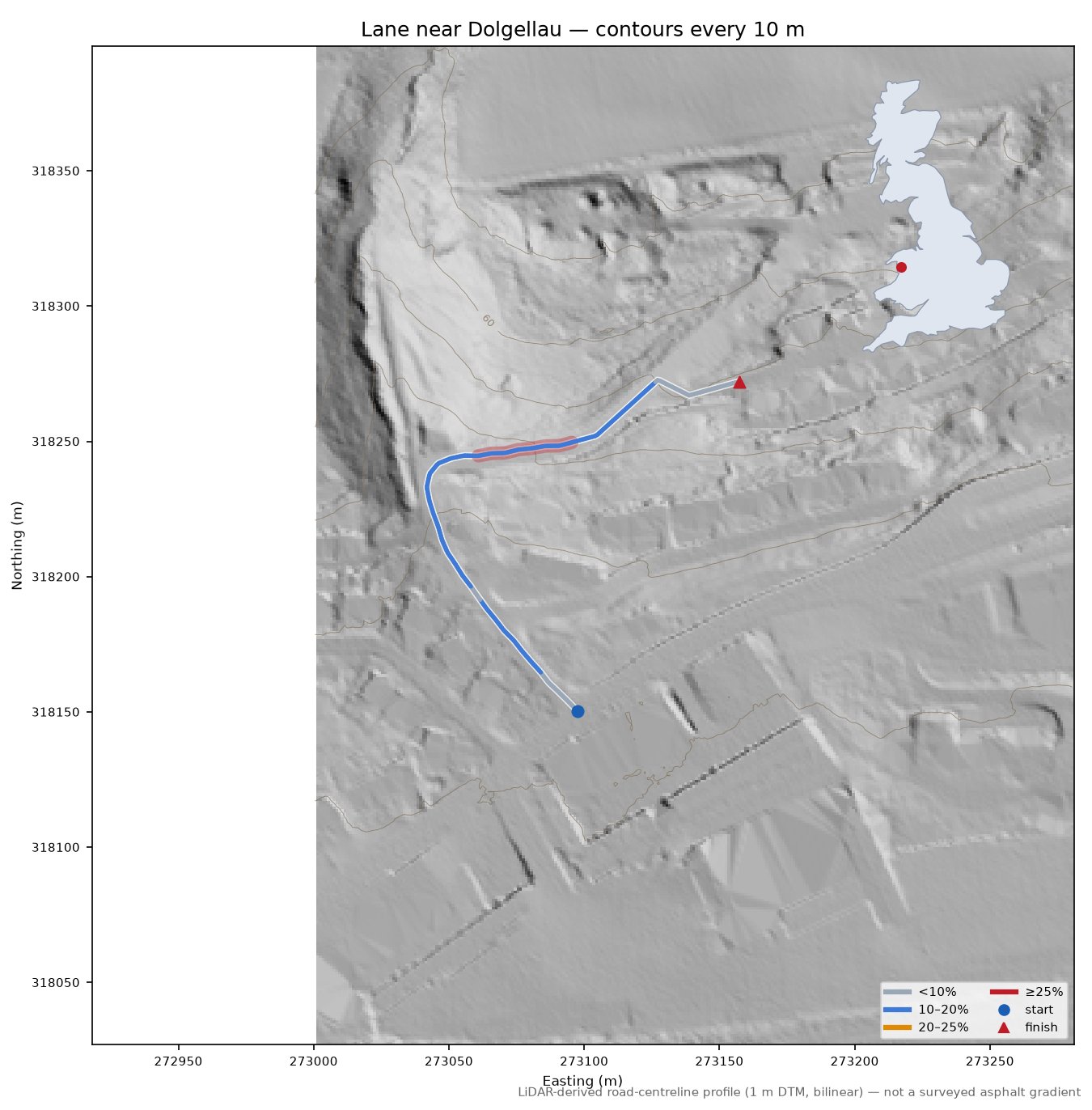Lane near Dolgellau LiDAR hillshade map with contours