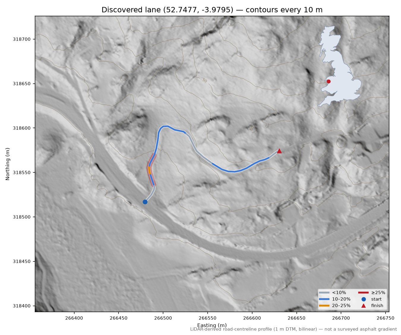 Discovered lane (52.7477, -3.9795) LiDAR hillshade map with contours