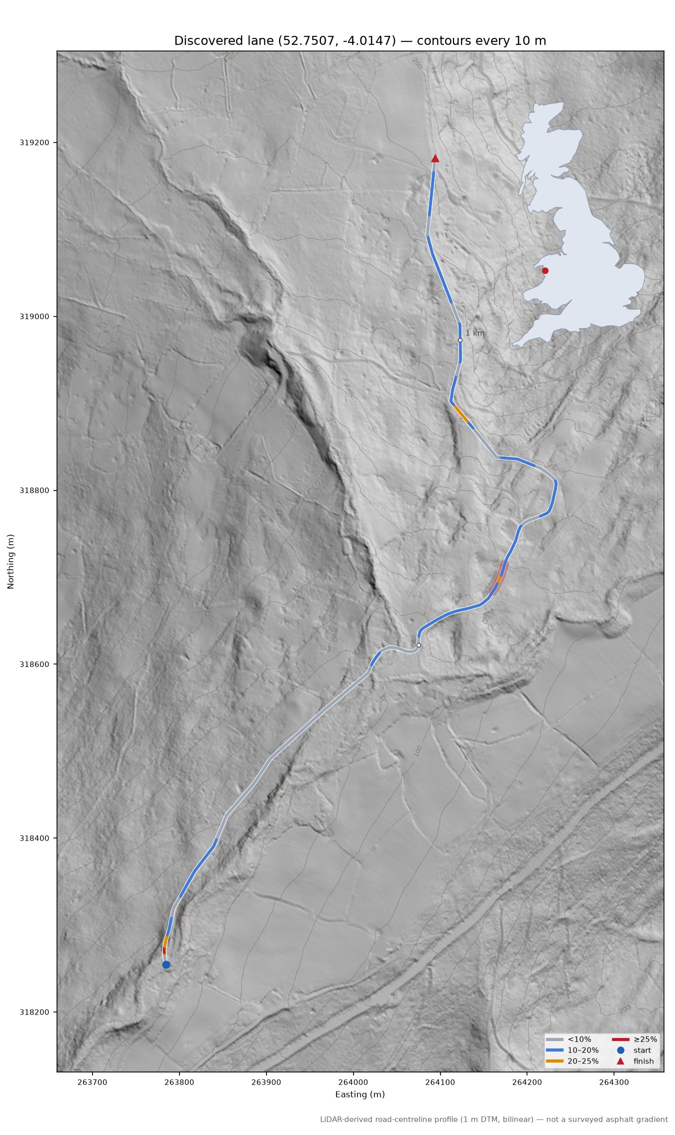 Discovered lane (52.7507, -4.0147) LiDAR hillshade map with contours
