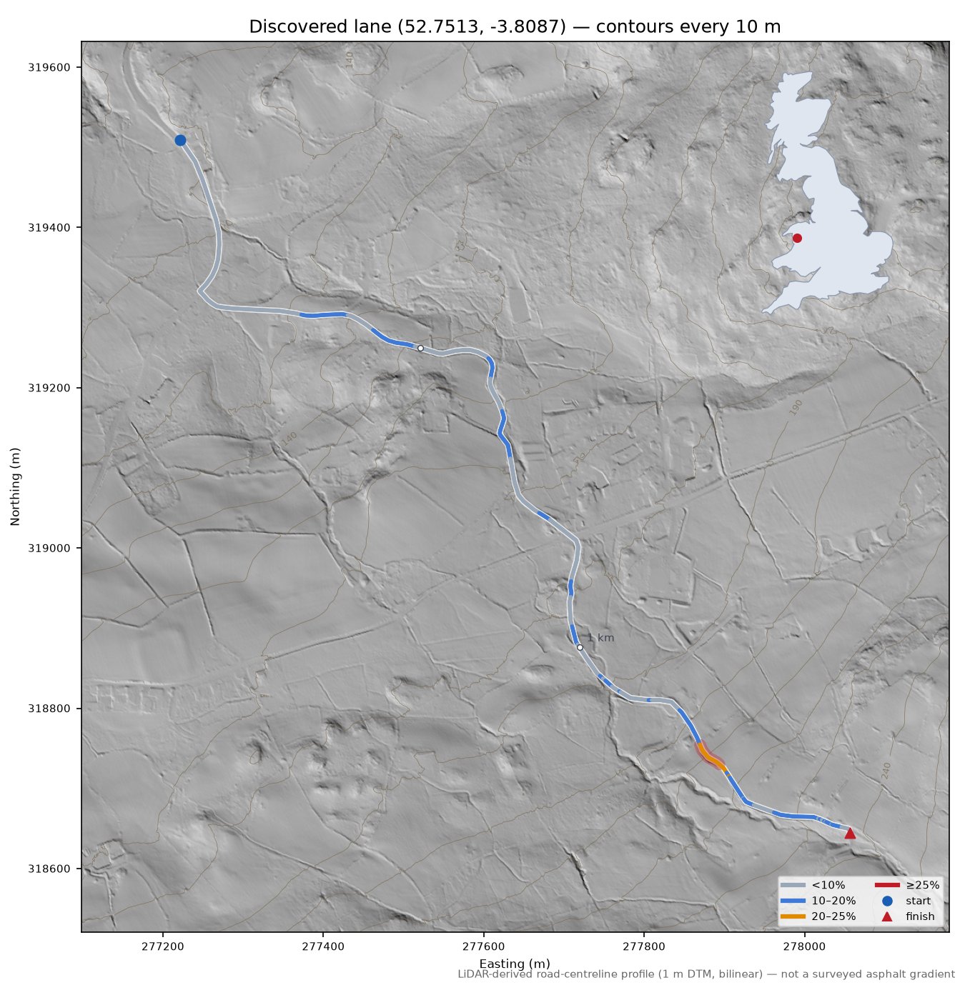 Discovered lane (52.7513, -3.8087) LiDAR hillshade map with contours