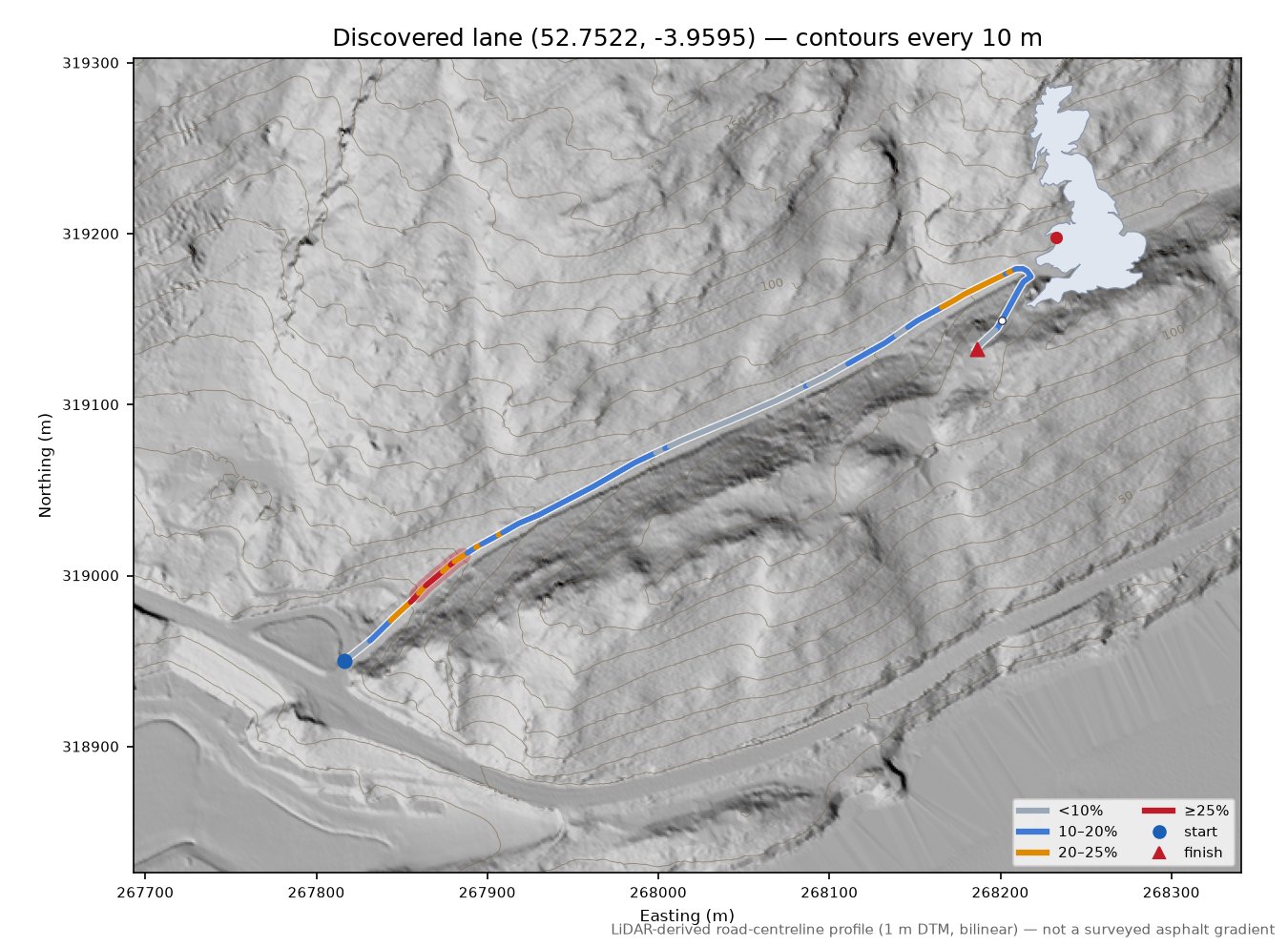 Discovered lane (52.7522, -3.9595) LiDAR hillshade map with contours