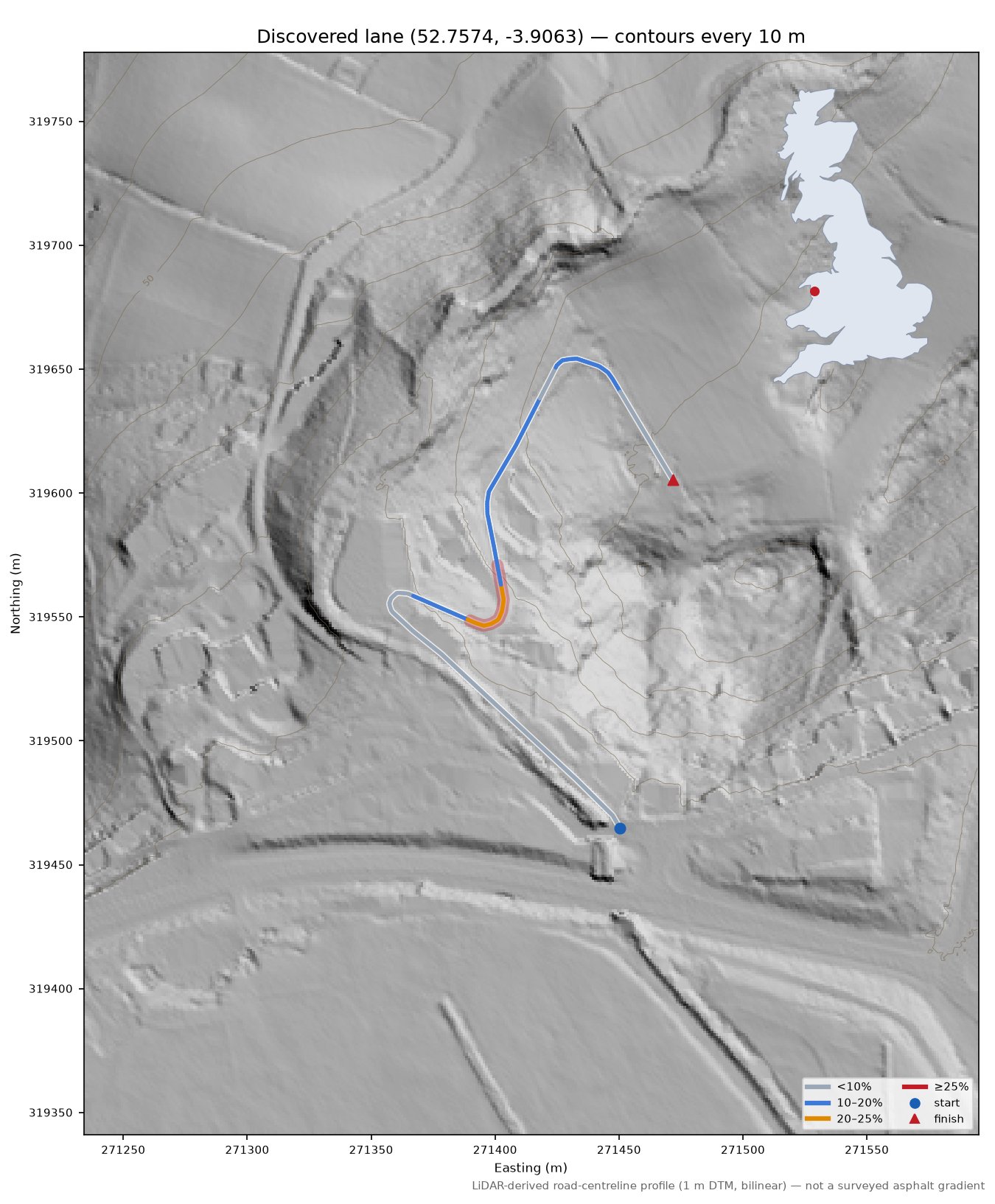 Discovered lane (52.7574, -3.9063) LiDAR hillshade map with contours