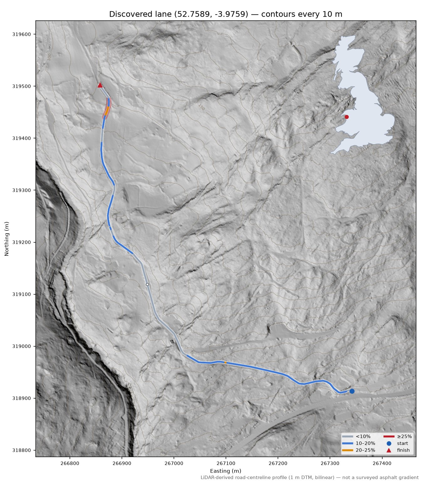 Discovered lane (52.7589, -3.9759) LiDAR hillshade map with contours