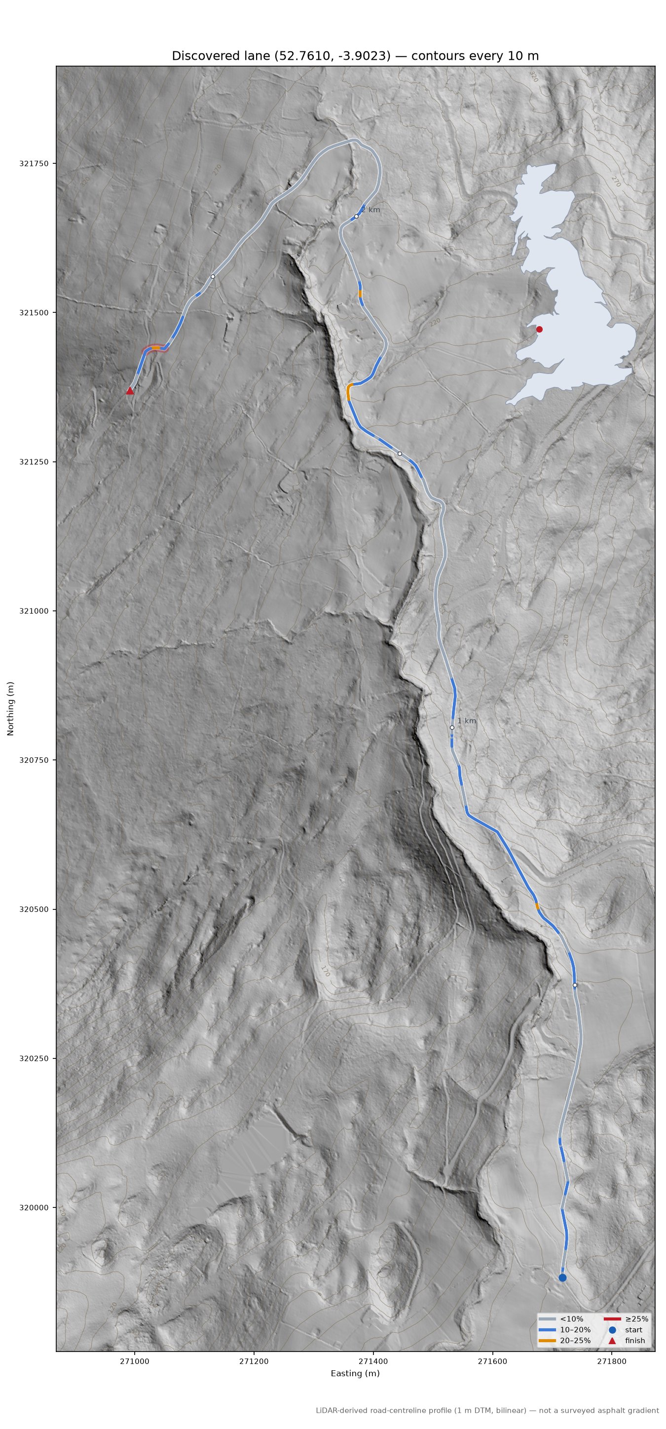 Discovered lane (52.7610, -3.9023) LiDAR hillshade map with contours