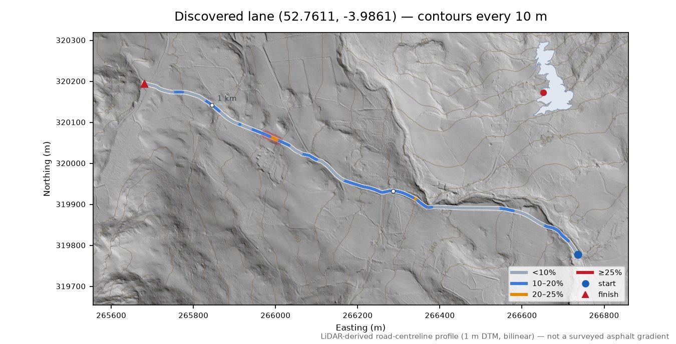 Discovered lane (52.7611, -3.9861) LiDAR hillshade map with contours